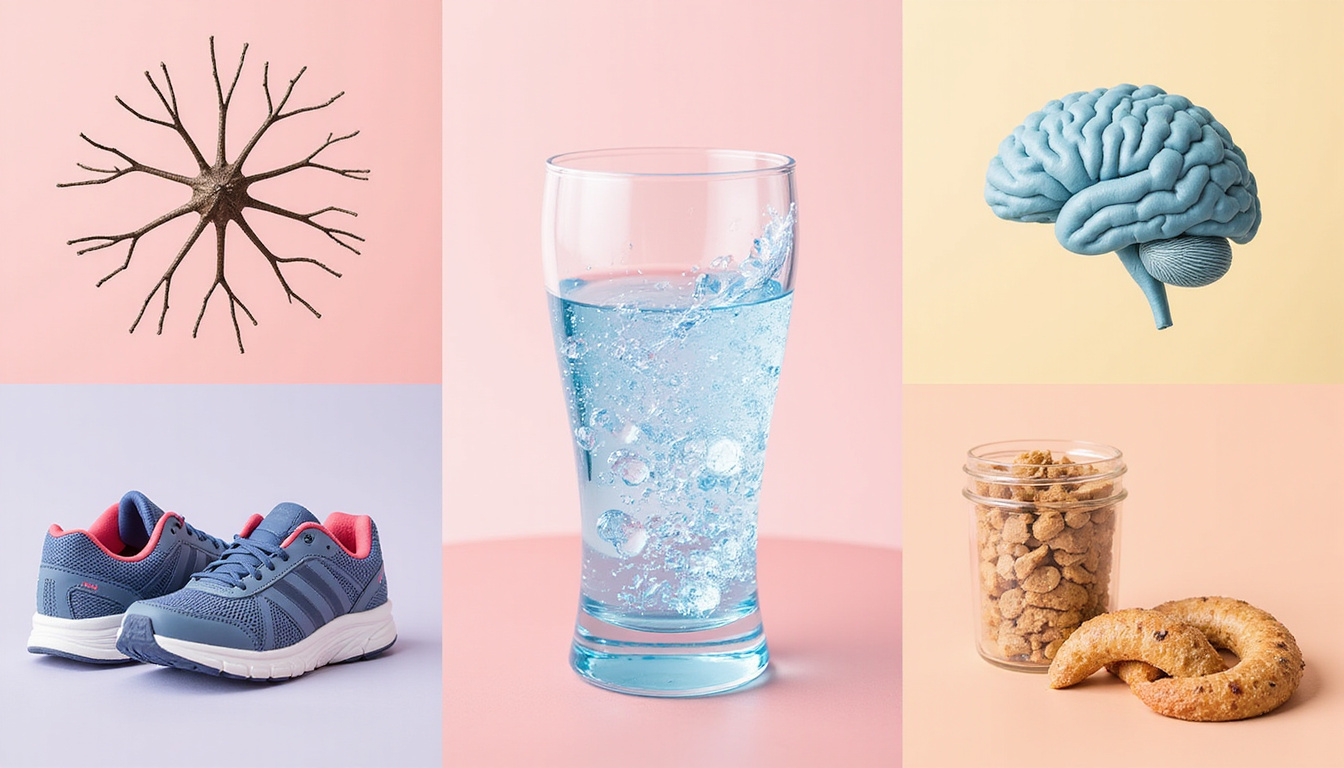  Scientific collage: brain neuron, water glass, exercise shoes, sleep mask, healthy snacks, pastel infographic
