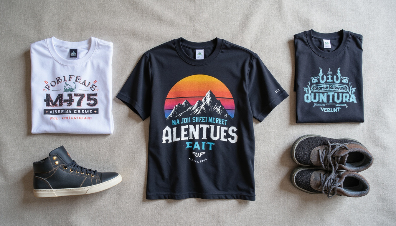  Flat lay of stylish durable shirts, visible certification labels, neutral palette, textured linen background