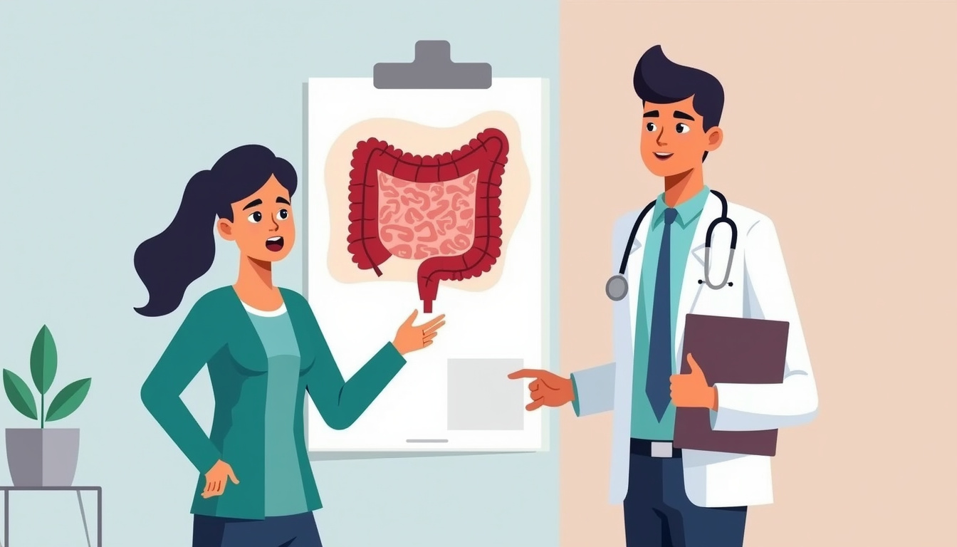  Concerned patient pointing to abdominal pain, doctor distracted, clipboard ignoring microscopic porous gut illustration