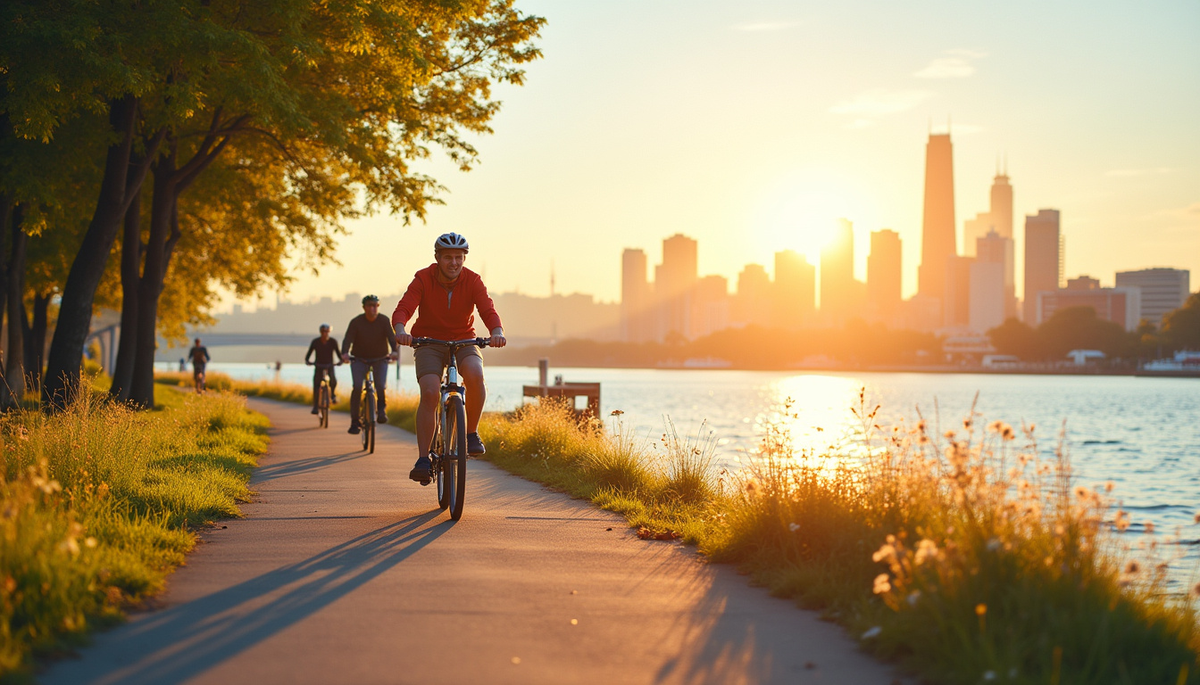  Cyclists riding scenic riverside path with skyline view, low-budget weekend adventure, golden light