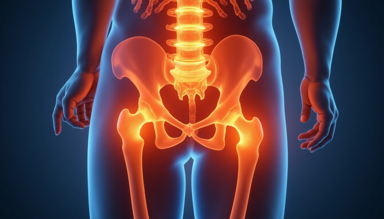  Close-up anatomical overlay of inflamed hip joint, gentle hands, warm lighting, hope and recovery
