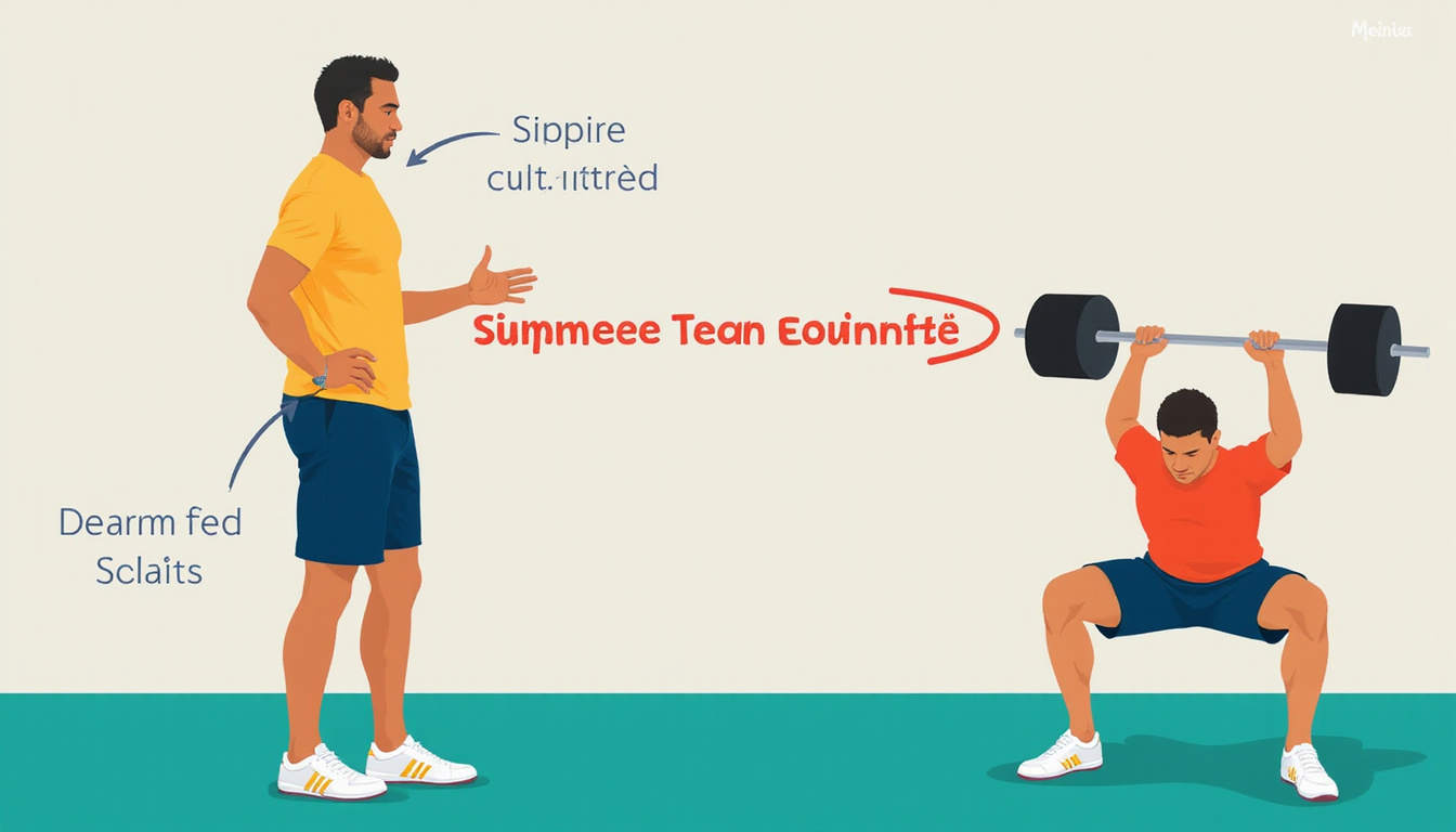  Instructional infographic-style scene: coach demonstrating banded squat and isometric hack, clean minimal design
