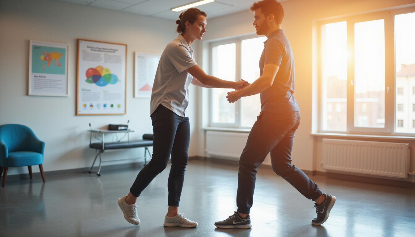  Physical therapist guiding patient through gait correction exercises, calm clinic, warm lighting, infographic