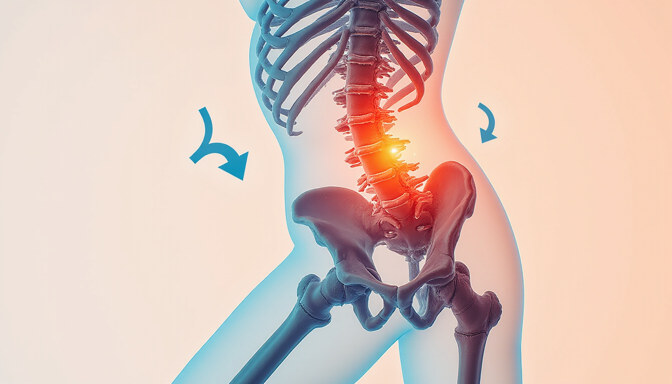  Illustrated anatomy overlay of pelvis, subtle motion arrows, calming colors, therapeutic rehabilitation vibe