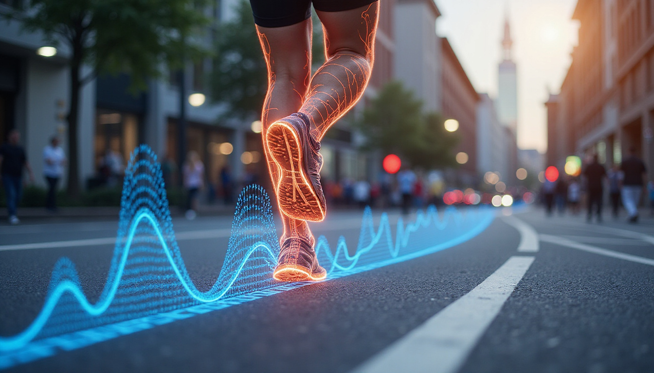  Biomechanical overlay showing foot strike frequency, speed lines, determined athlete, urban marathon scene