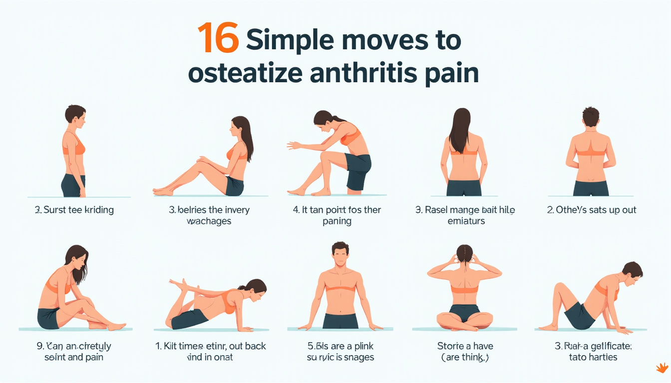  Clean infographic depicting ten simple moves to relieve osteoarthritis pain, icons, soft colors