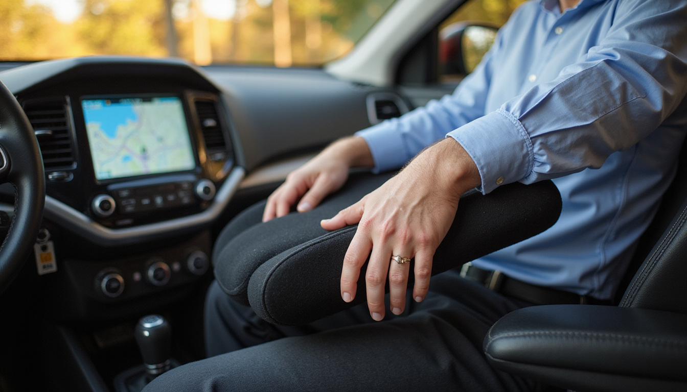  Close-up hands adjusting lumbar support cushion, ergonomic seat, map on dashboard, warm light