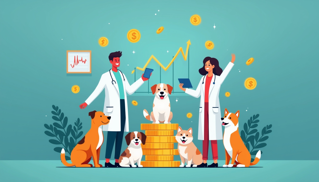  Modern clinic scene with digital graph, gold coins, loyal pets and smiling staff celebrating profit growth