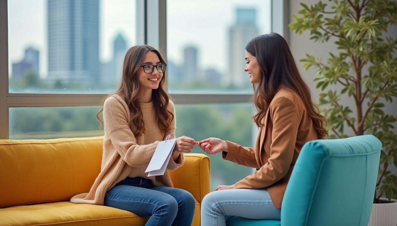  Young woman exchanging cash with thrift buyer beside curbside sofa, city skyline, reusable tags