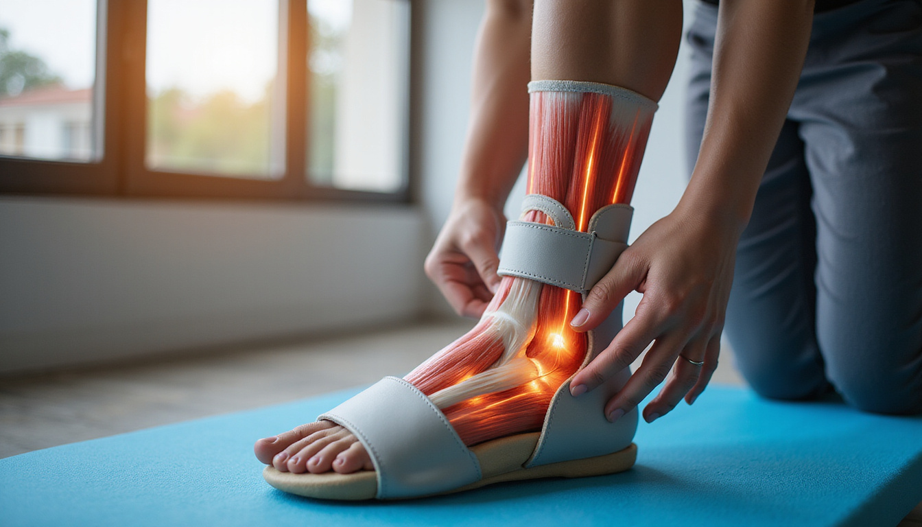  Close-up injured leg in rehabilitation boot, therapist supporting ankle, progressive muscle anatomy overlay