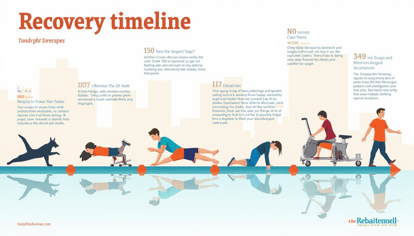  Recovery timeline infographic: patient progressing through rehab stages, physical therapy, calendar, optimistic atmosphere