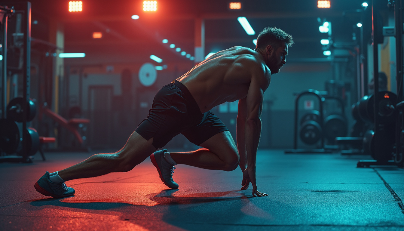  Coach correcting landing mechanics, motion-capture lines, muscular activation highlights, high-contrast gym scene