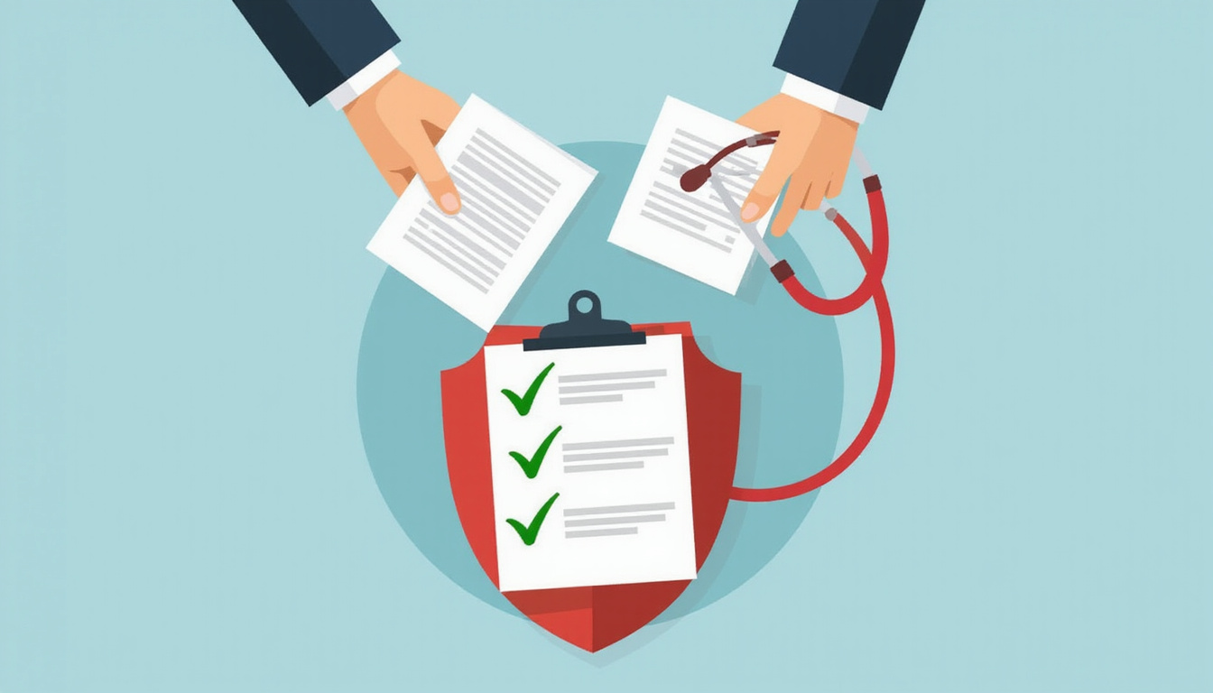  Hands exchanging medical records over protective shield, stethoscope, checklist with green check marks