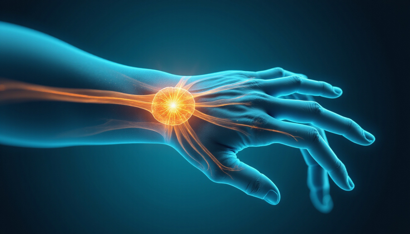  Detailed medical illustration of carpal tunnel nerve glowing, inflammation fading, calming blue-green palette