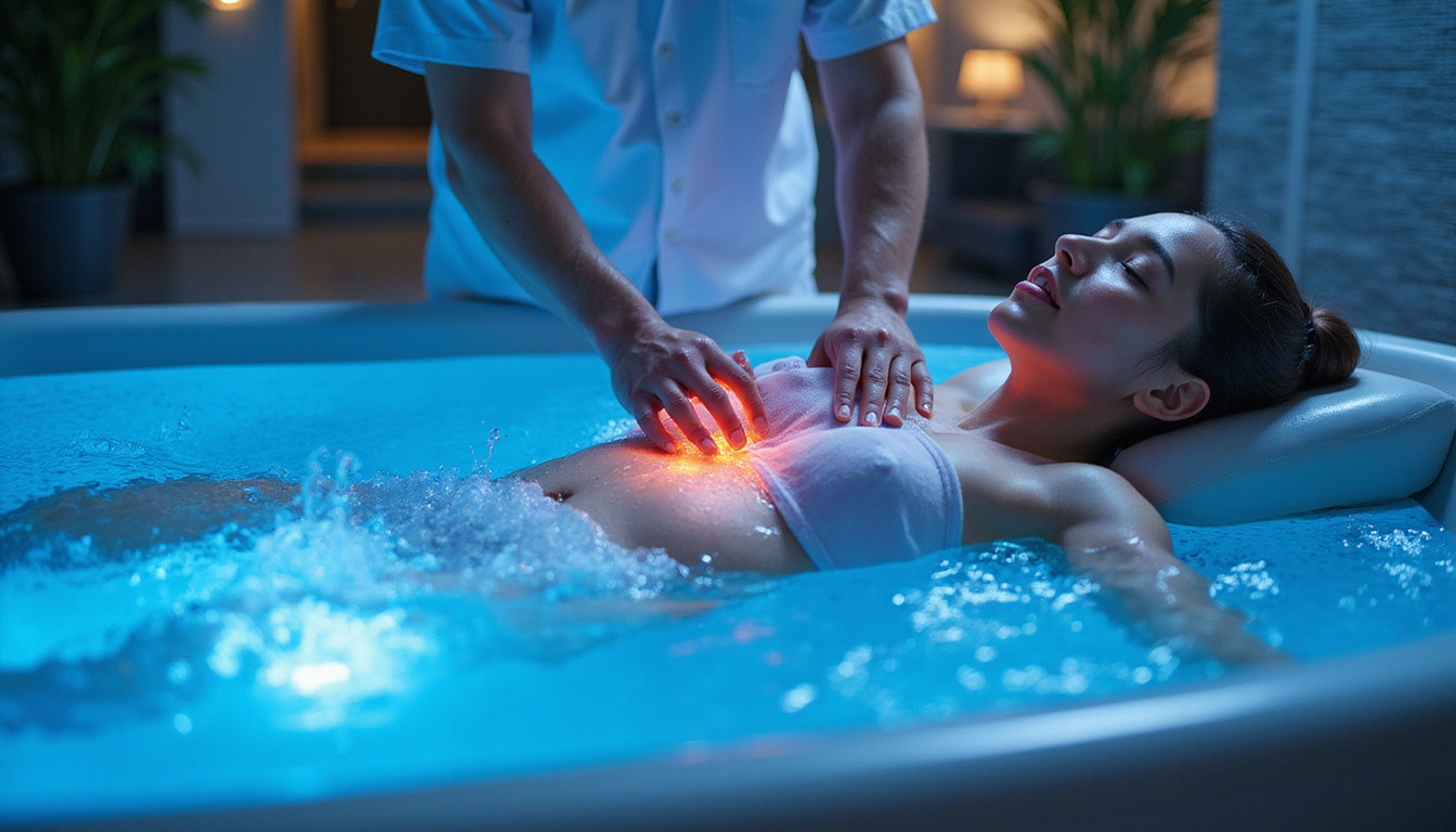 Therapist guiding hydromassage in modern spa, blue water jets, glowing pain-relief energy waves