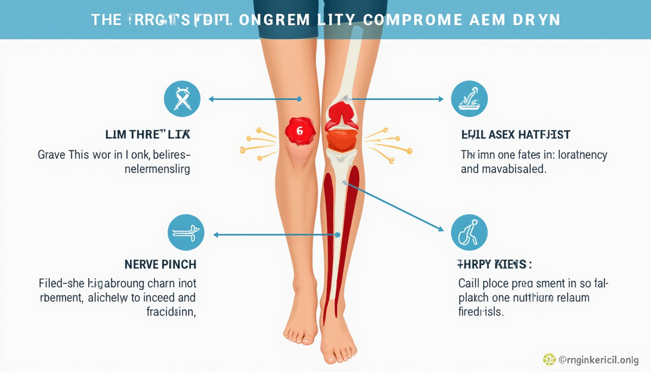  Medical infographic style knee cross-section showing torn ligament, arthritis, nerve pinch, brace and exercise icons