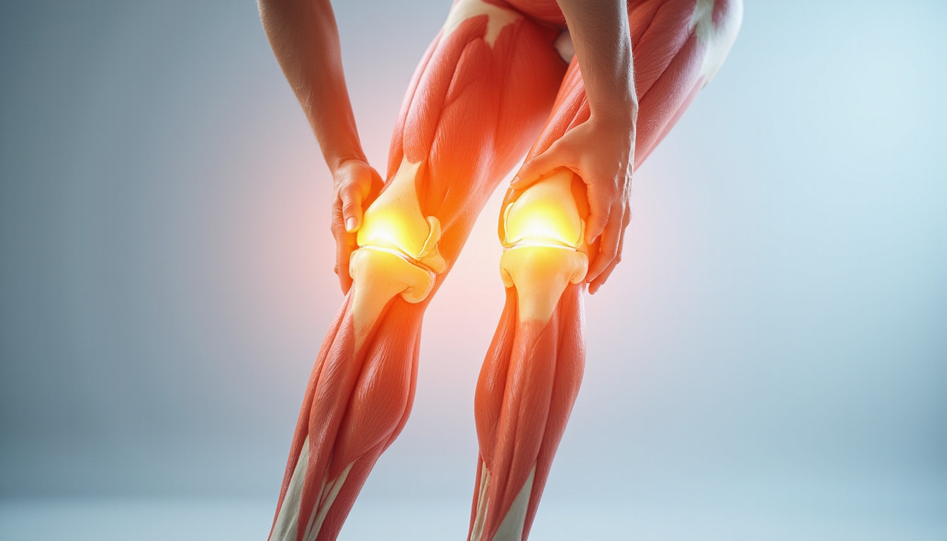  Close-up of knee anatomy overlay showing muscles and correct stretch alignment, clinical clean background