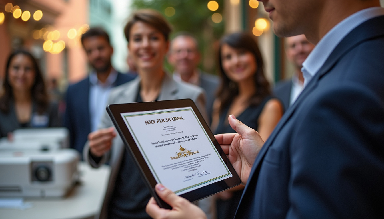  Business seminar in historic French Quarter, diverse vendors reviewing responsible vendor certificate, projector, fleur-de-lis