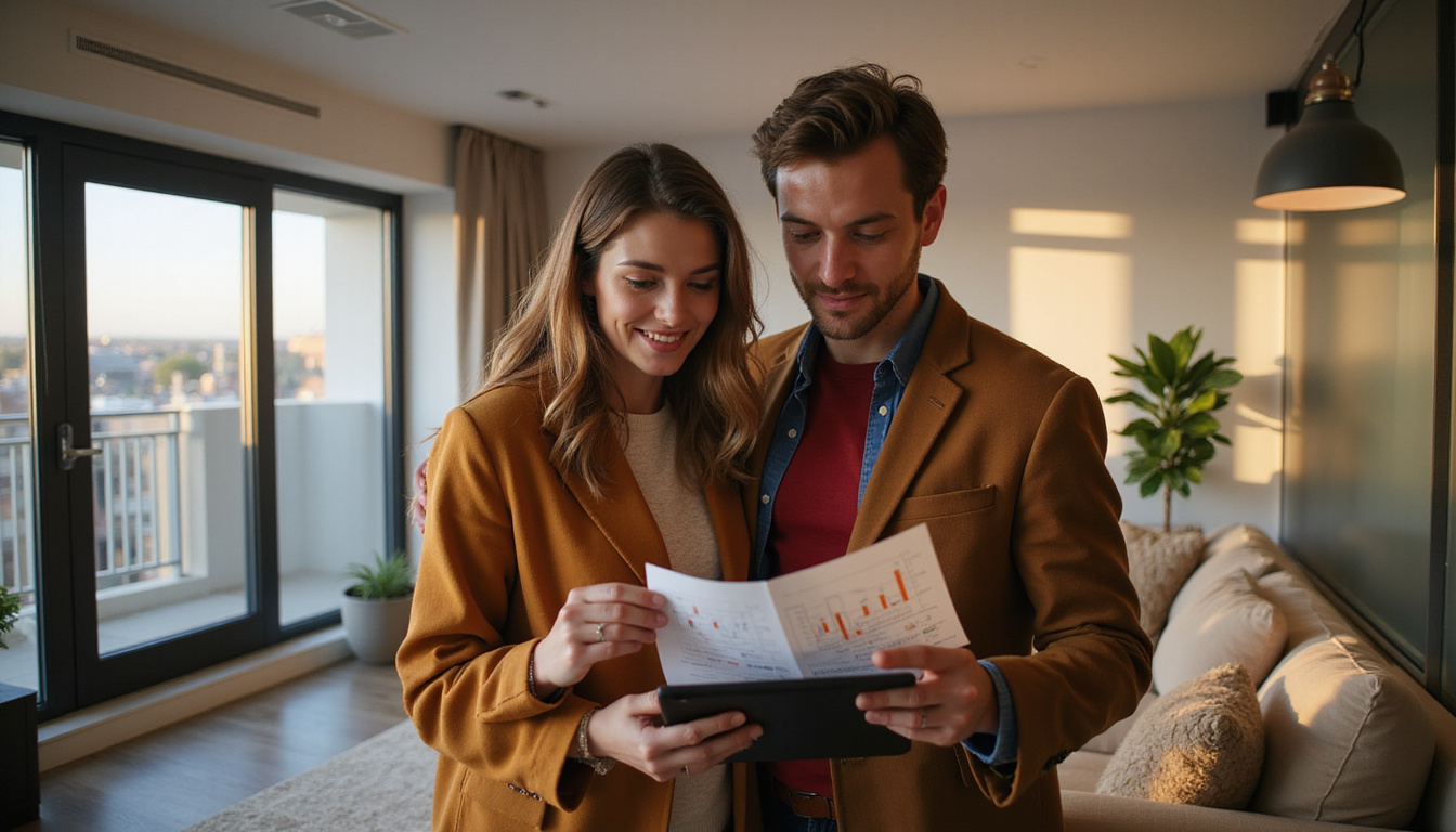  Young couple touring New Capital model apartment, floorplans and investment charts on tablet, warm lighting