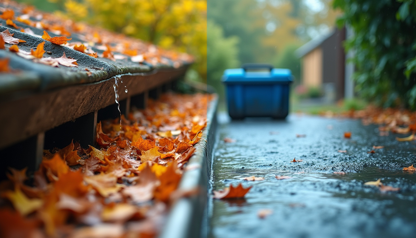  Before-and-after split image: clogged leaf-filled gutter vs clean, flowing rainwater, toolbox nearby