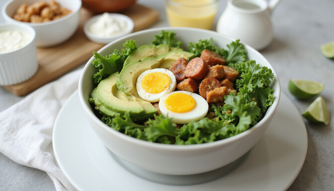  Active morning energy bowl, avocado, eggs, greens, reusable containers, scale, eco-friendly vibe