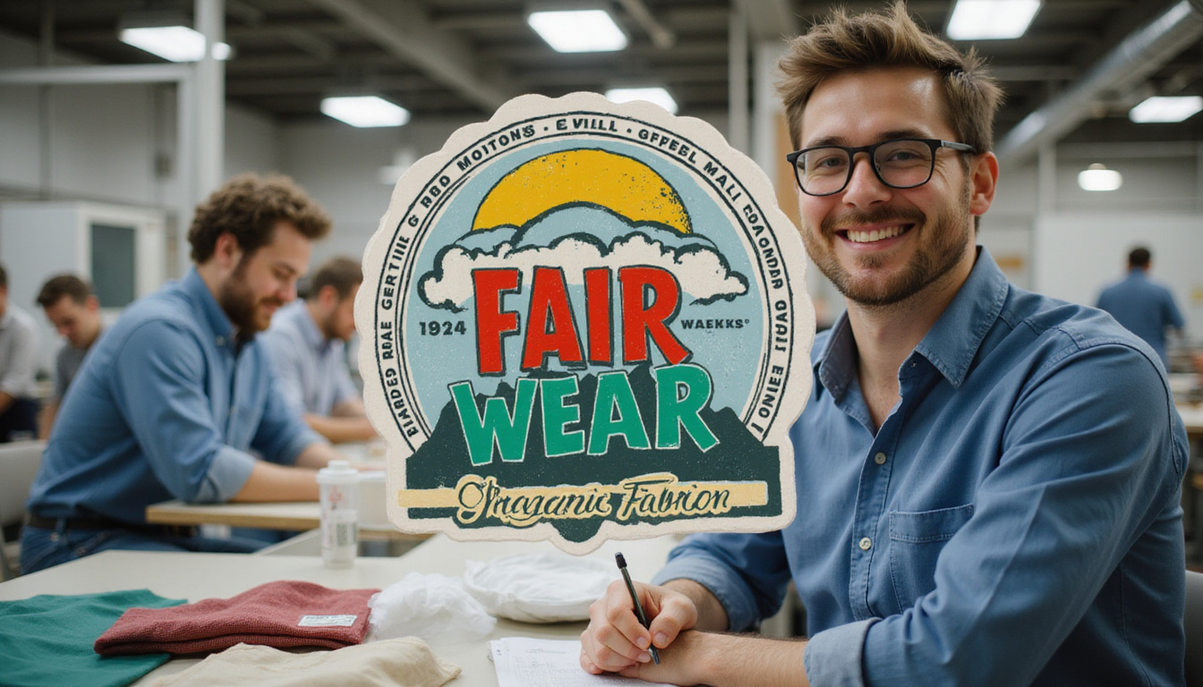  Artisanal garment factory workers smiling, Fair Wear badge overlay, sustainable fabrics, ethical production