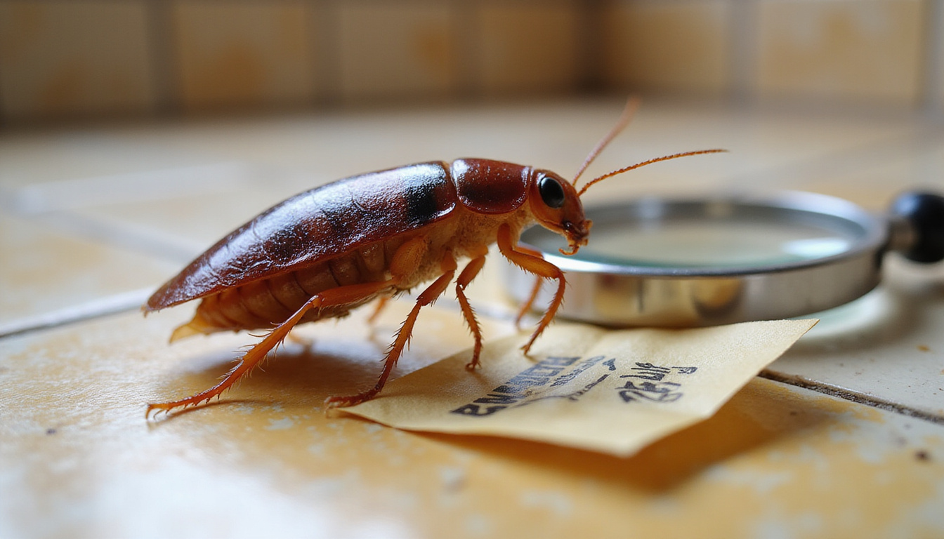  Close-up glossy German cockroach on kitchen tile, magnifying glass, sticky trap, warning signs
