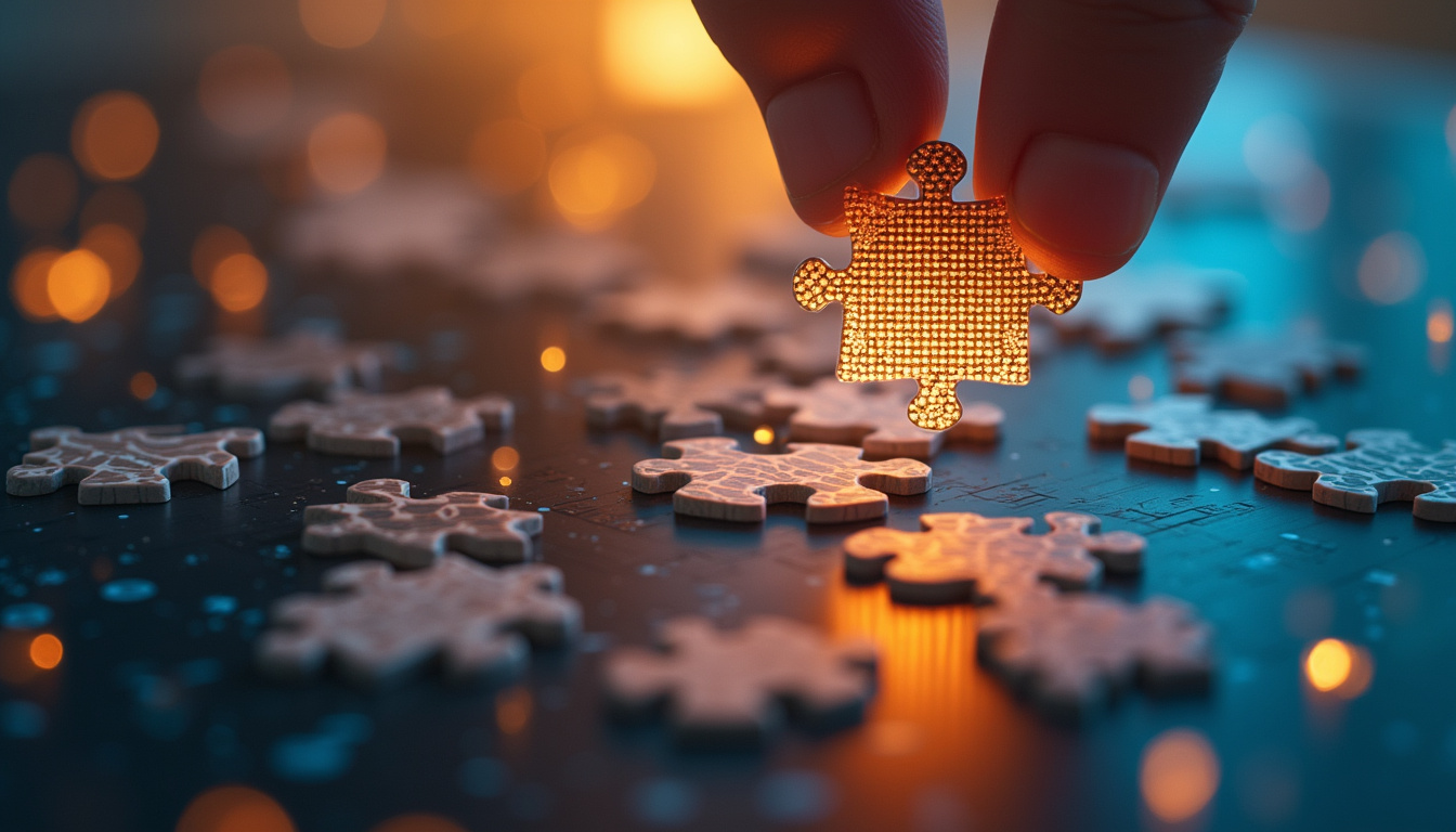Minimal data puzzle pieces assembling into high-accuracy AI model, golden light, laboratory backdrop