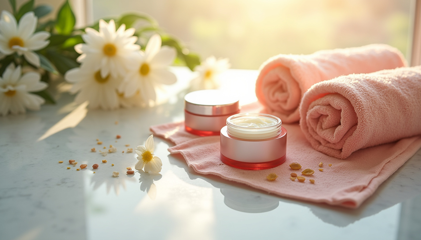  Luxurious morning skincare routine flatlay: silk towel, designer jars, botanical extracts, soft sunlight
