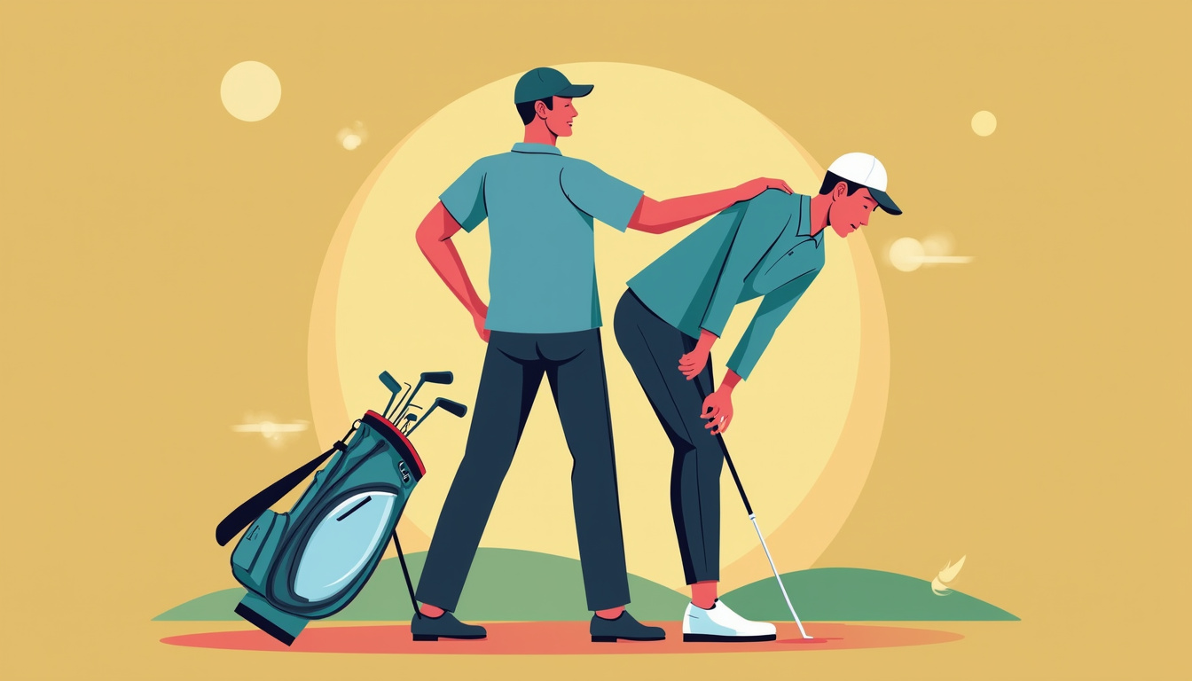  Senior and young golfer duo demonstrating hip, shoulder and hamstring stretches, golf bag nearby