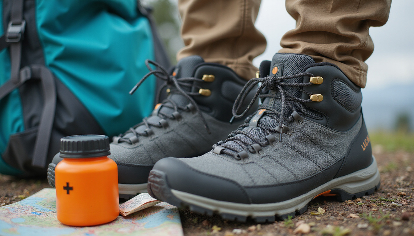  Close-up of compact hiking kit: cushioned boots, ultralight pack, first-aid, map, eco-friendly water bottle