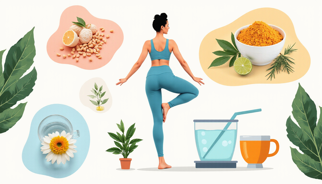  Serene lifestyle montage: yoga, restful sleep, hydration, probiotics, herbal tea, stress-relief breathing exercises