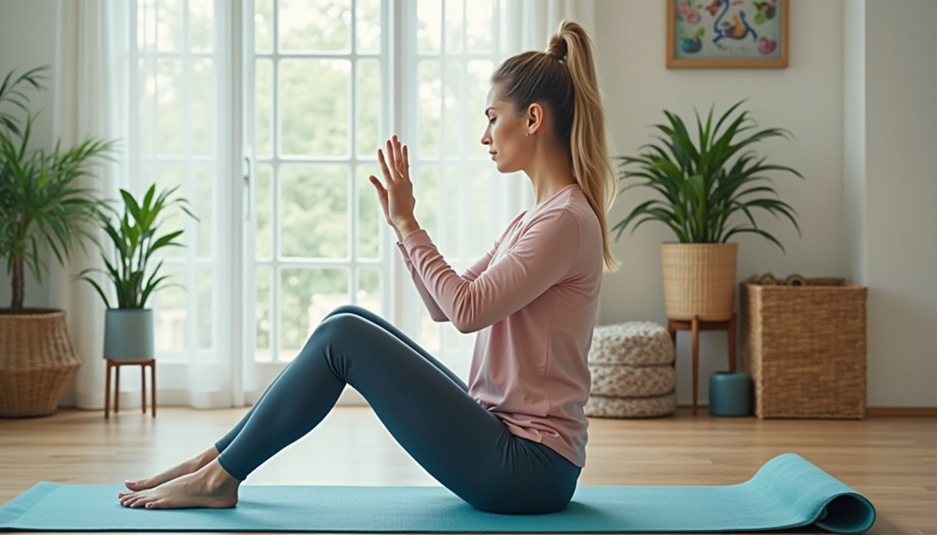  Gentle seated spinal twist demonstration, female instructor guiding, cozy studio, plants, doctor-approved checklist overlay