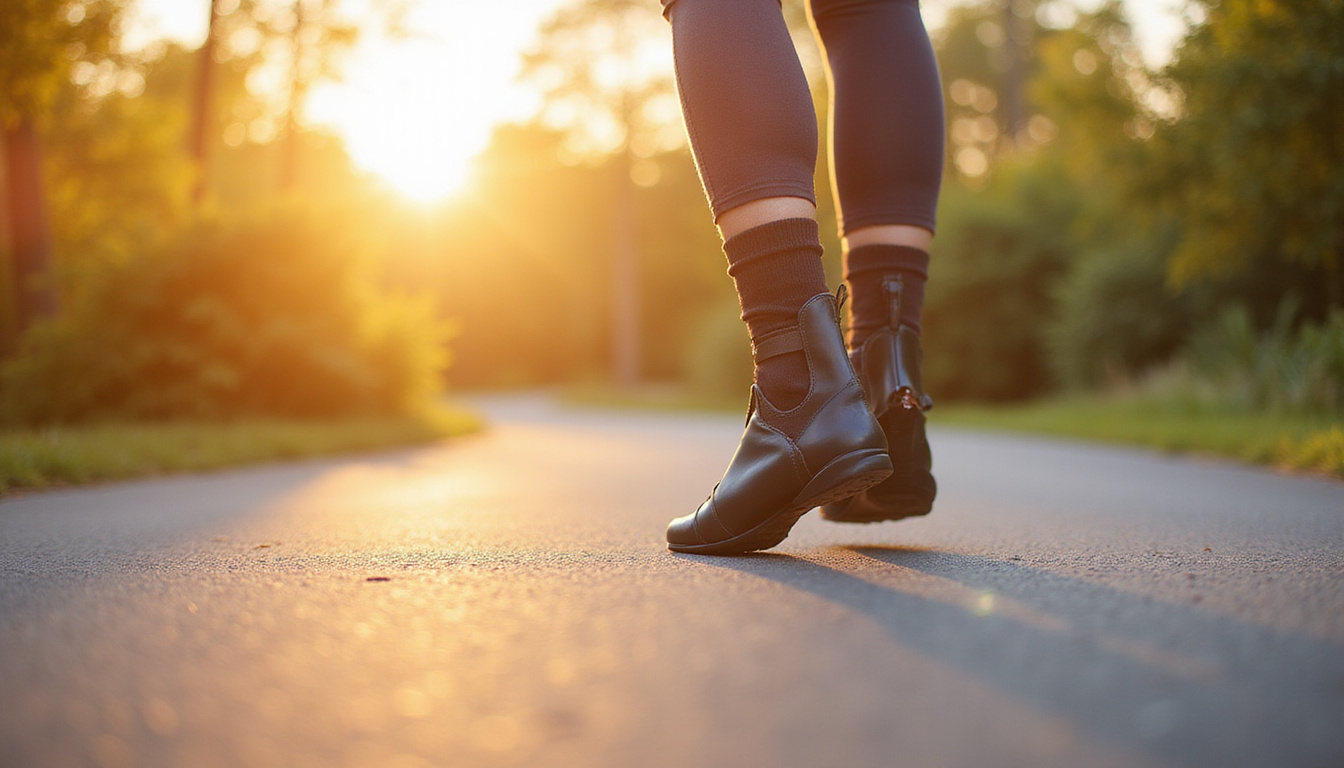  Close up of ankle foot orthosis on walking patient, sunrise park rehabilitation, confident stride