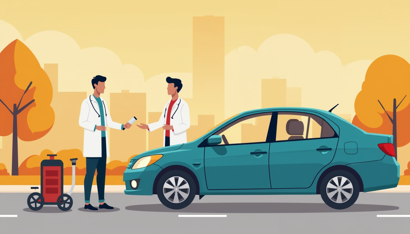  Chiropractor guiding driver roadside, portable adjustments, pain relief, illustrative infographic style, warm tones