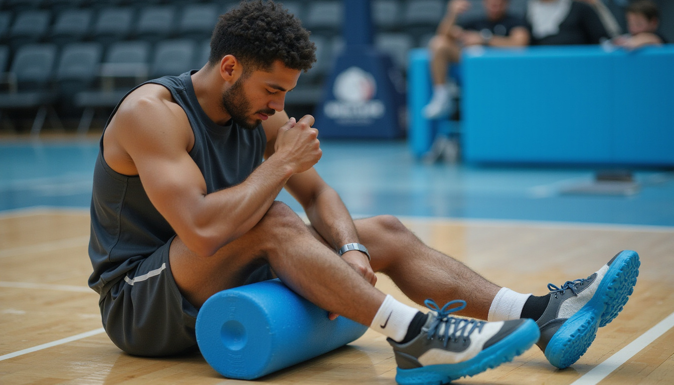  Player icing and massaging sore knee during timeout, cold pack, foam roller, determined expression, arena