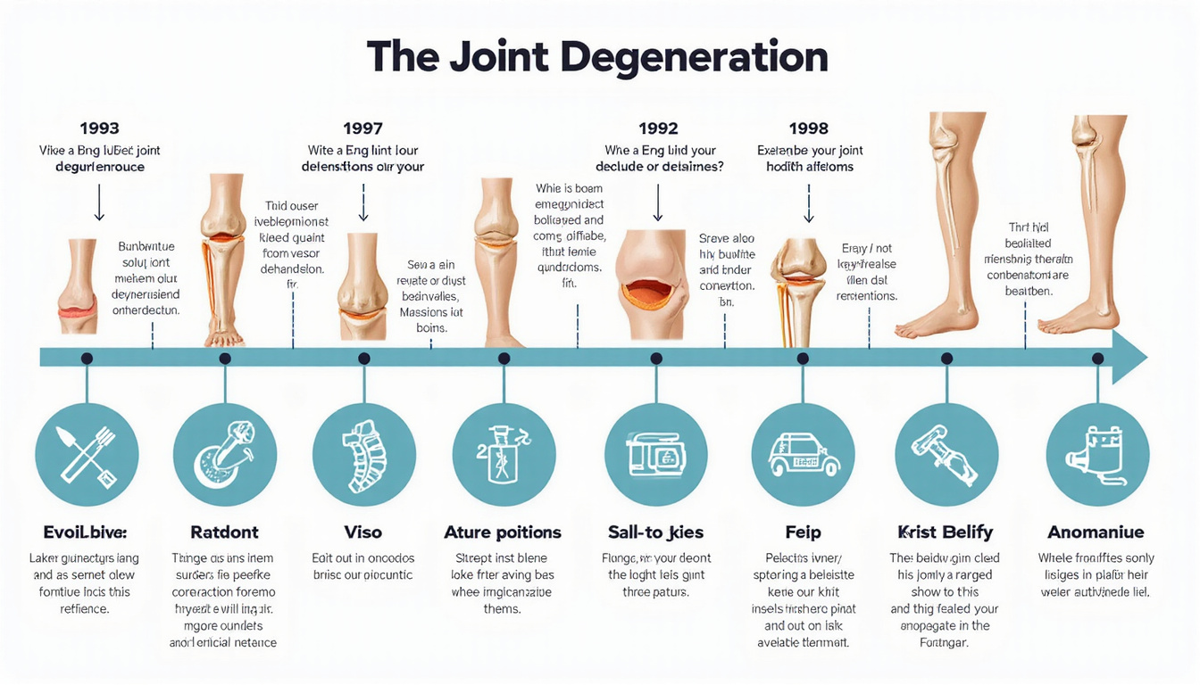  Medical infographic showing joint degeneration stages, illustrated knee anatomy, relief strategies icons, clear labels