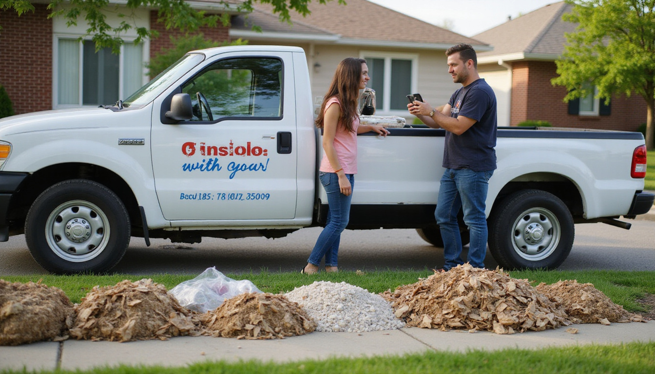  Neat curbside piles, branded truck, homeowner checking transparent quote on smartphone, stopwatch icon