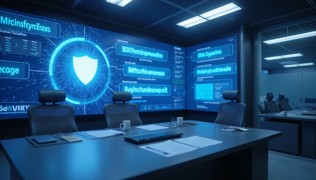  Futuristic control room with holographic URLs being removed, shield icon, calm blue tones