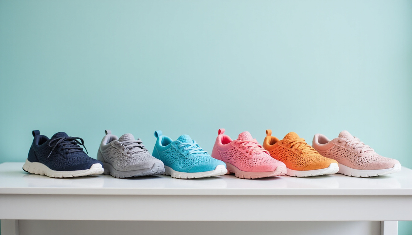  Display of assorted orthopedic post-op shoes on white table, breathable mesh, non-slip soles, pastel backdrop