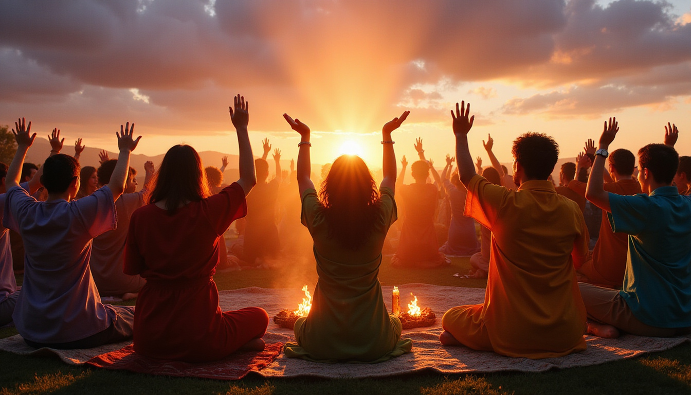  Kirtan circle at dusk, colorful robes, incense, hands raised, communal joy, ethereal devotional glow