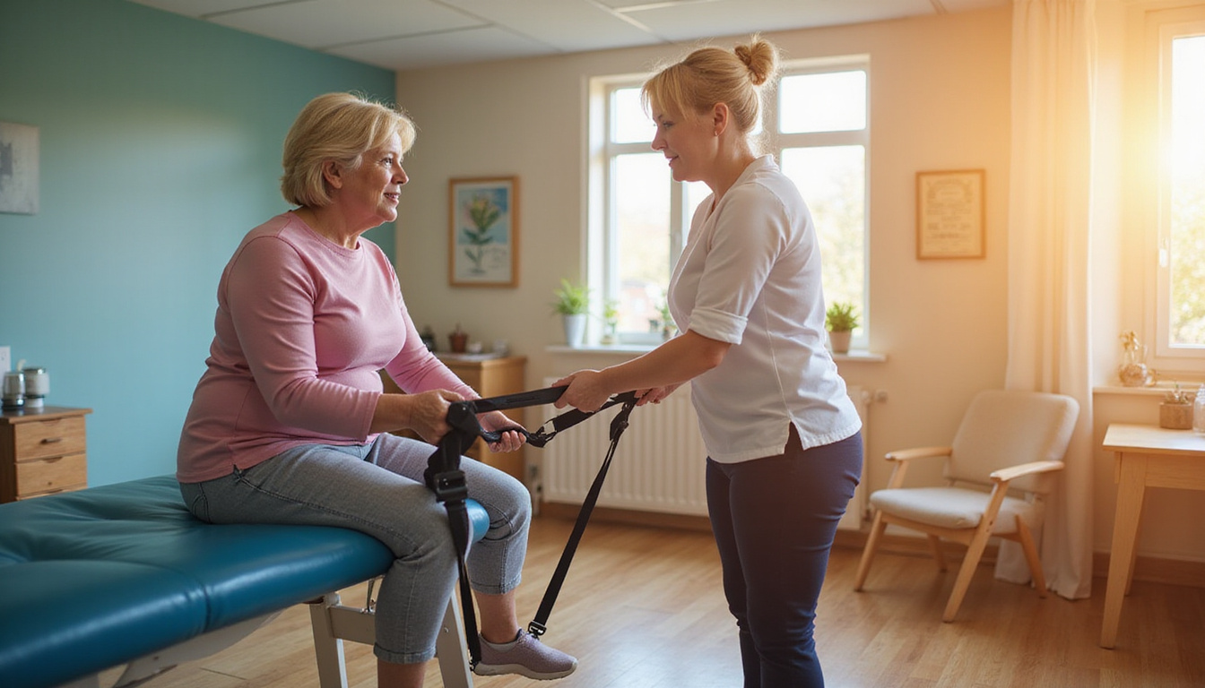  Warm physiotherapy studio, therapist guiding elderly woman using resistance band, knee brace nearby, hopeful light