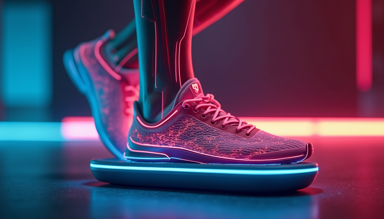  Close-up of foot on balance pad, muscles engaged, biomechanical overlays, neon accents, high-detail macro