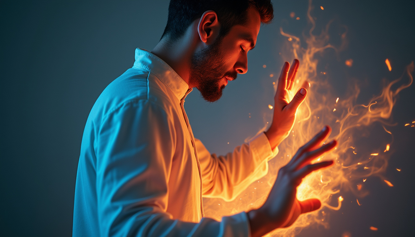  Close-up focused man in slow tai chi stance, glowing energy lines, serene concentration