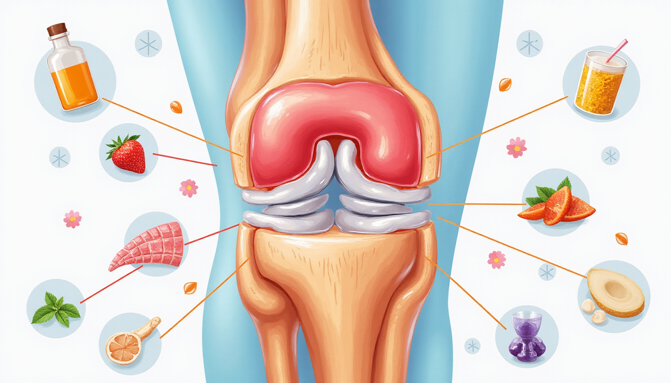  Cutaway medical illustration of knee joint with healthy cartilage, exercise icons, nutritional supplements