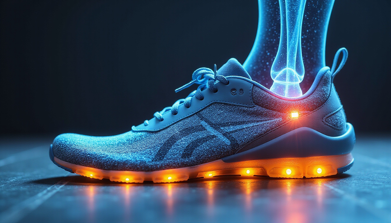  Close-up futuristic orthopedic shoe, adaptive sole cushioning, anatomical knee alignment diagram overlay
