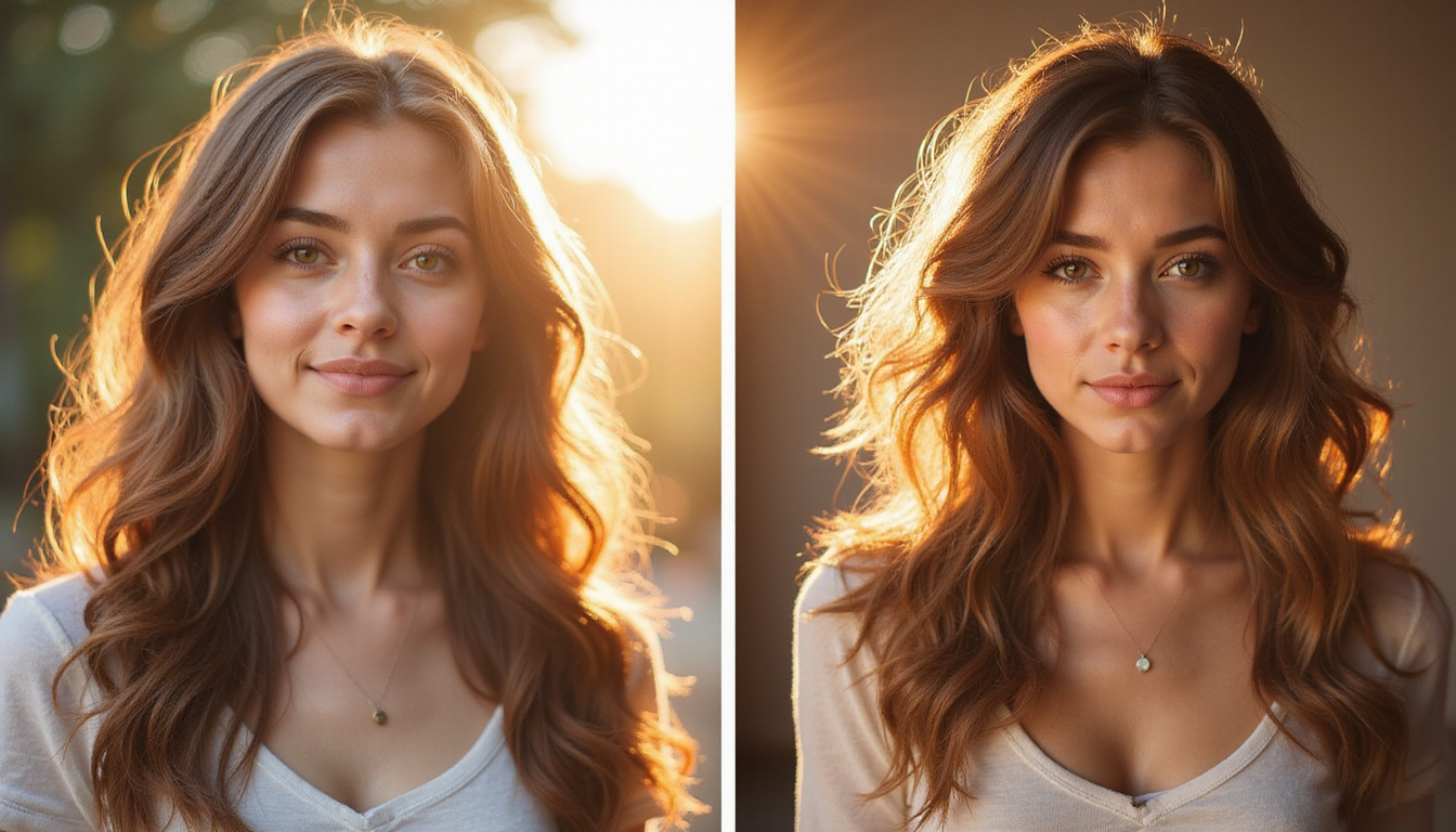  Split-screen portrait showing before and after transformation, thicker hair, warm golden backlight