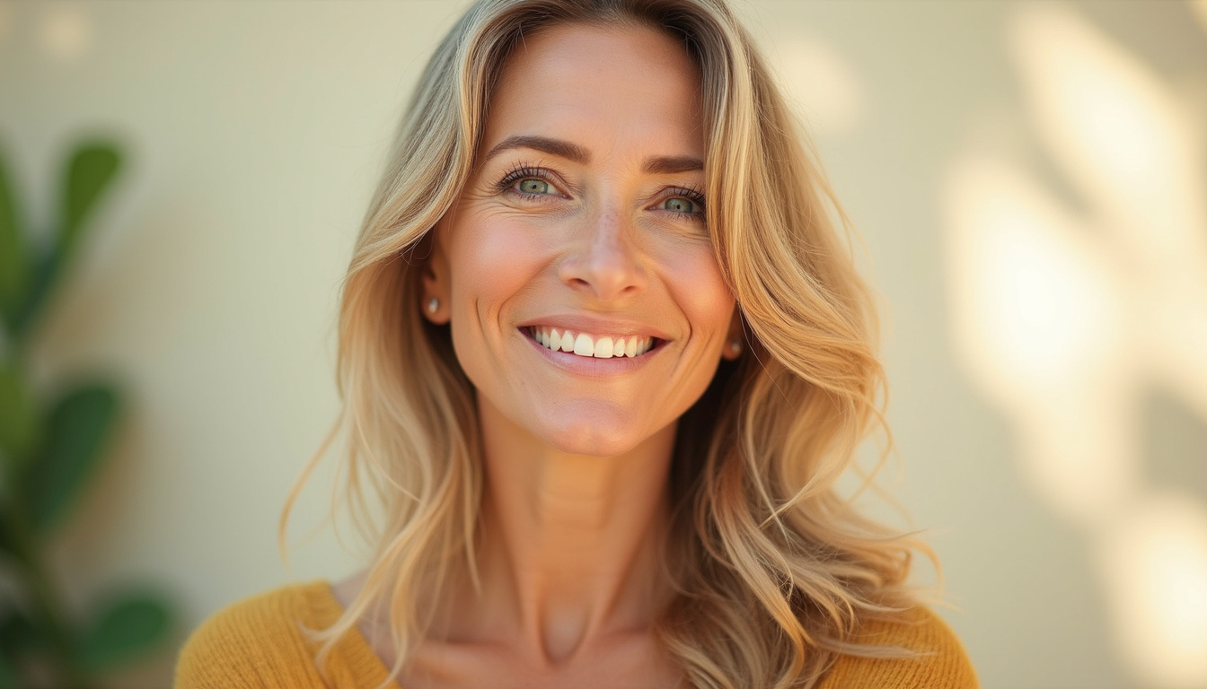  Before-and-after portrait of middle-aged woman, thinning to thick hair, sunlight, hopeful expression