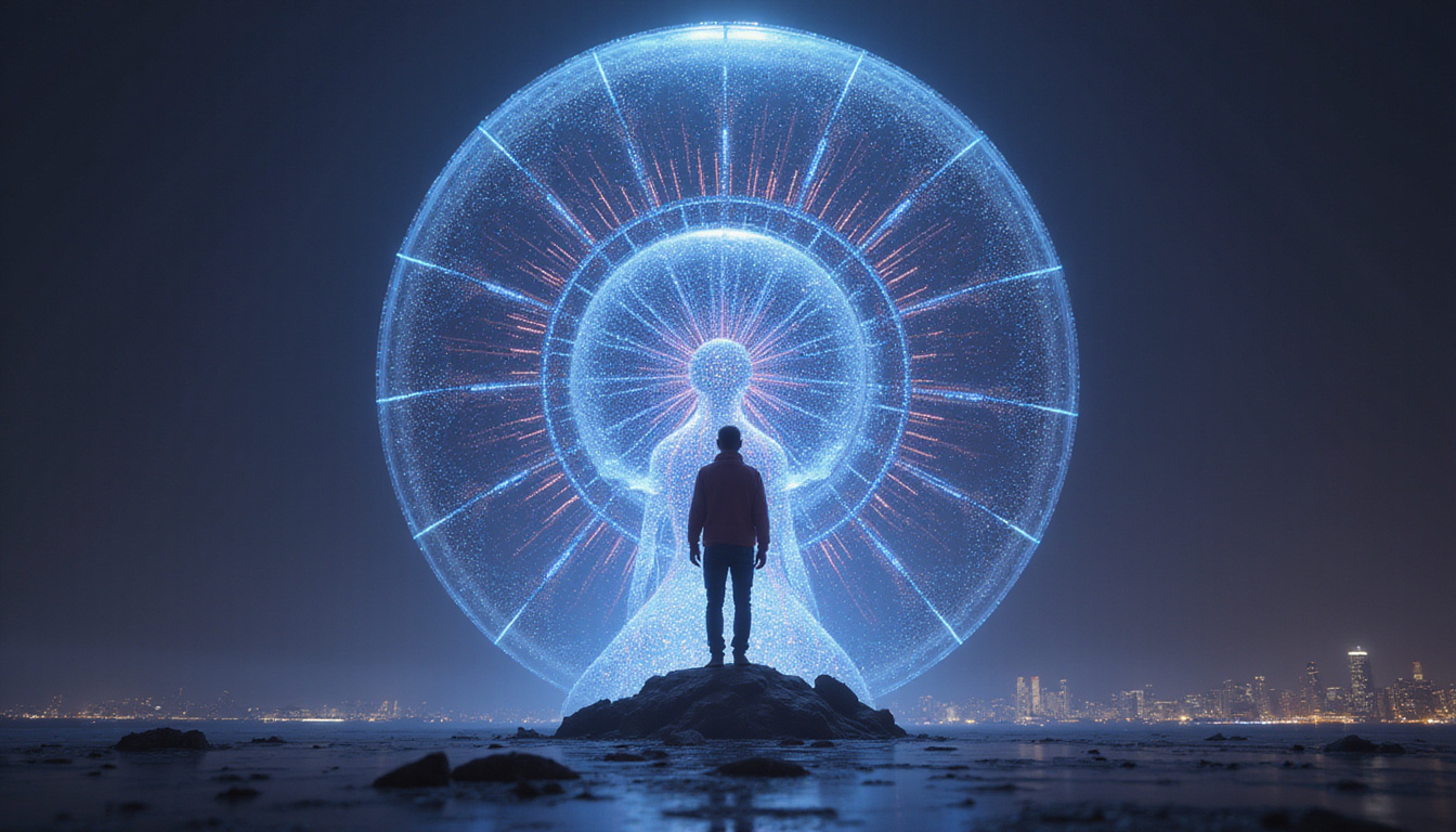  Giant scale balancing human silhouette and glowing algorithmic circuits under protective shield