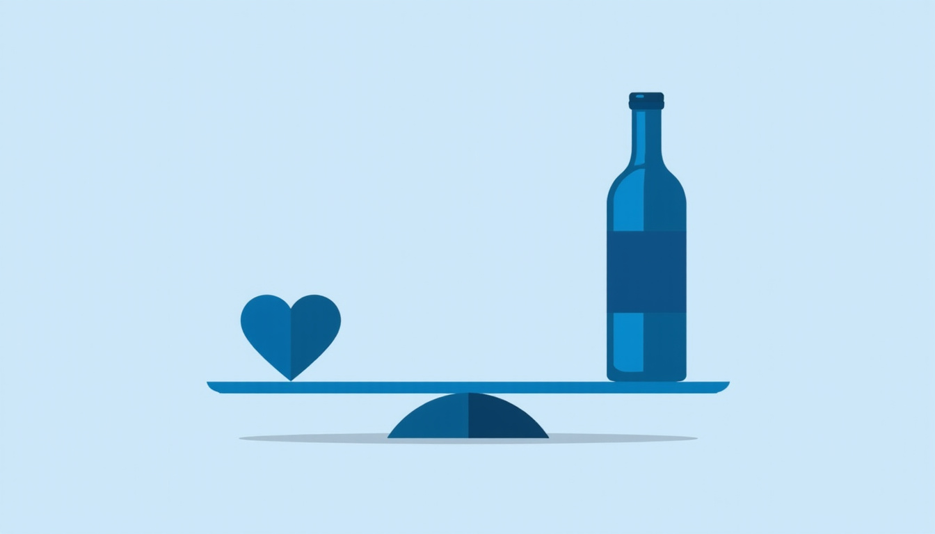 Symbolic scales balancing wine bottle and heart icon, soft blue tones, infographic style, clear labels